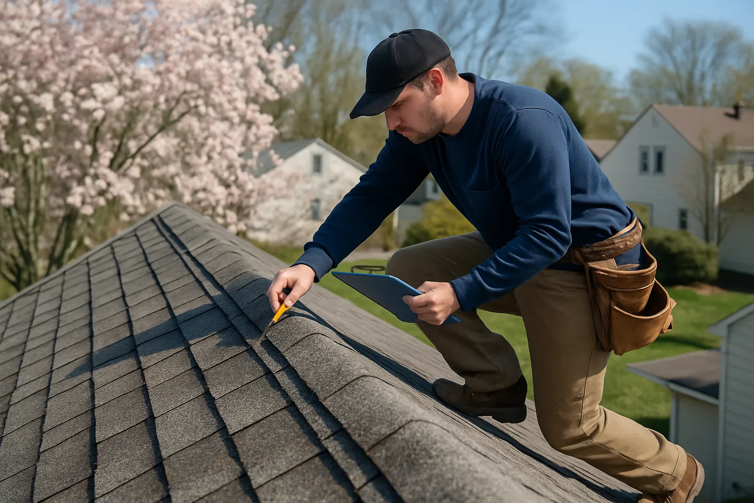 Roofer conducting a detailed roof inspection