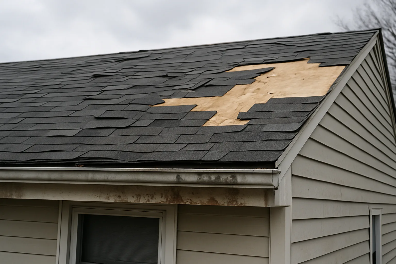 Roof damage from storm showing missing shingles and exposed underlayment